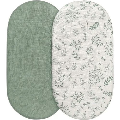 Muslin Bassinet Fitted Sheets, 2 Pack for Baby Boy and Girl, Soft Breathable Stretchy Baby Pad/Mattress Sheet Set, Universal Fit for Hourglass Oval and Rectangle Bassinet Mattress (Natural Leaves)