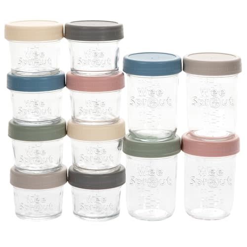 WeeSprout Glass Baby Food Storage Jars w/ Lids (4/8 oz, 12 Pack Set) Snack, Reusable Small Containers, Breast Milk, Fridge, Freezer, Microwave & Dishwasher Safe, Essential Must Have for Infants