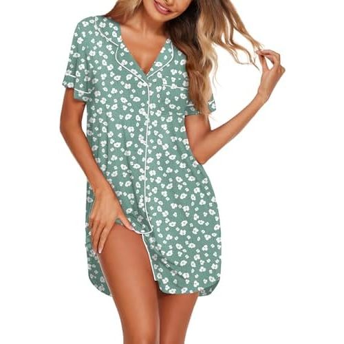 Ekouaer Nightgowns for Women Button Down Sleepshirt Short Sleeve Nightshirt Boyfriend Pajamas V Neck Nightdress S-XXXL