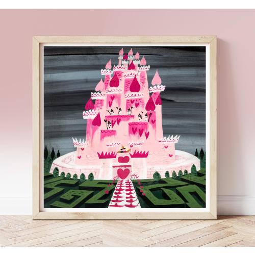 Vintage Mary Blair print, Queen of Hearts Castle from Alice in Wonderland 16x16