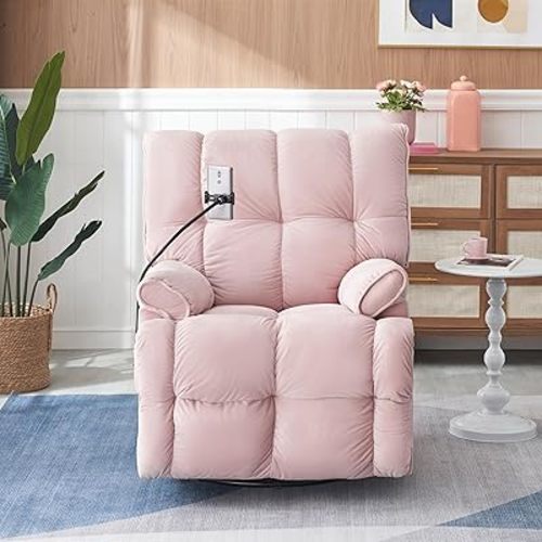 Swivel Rocker Recliner, Small Rocking Recliner Chair with Adjustable Back (150°), Space-Saving Single Sofa Bed for Living Room, Bedroom, RV – Includes Phone Stand & Swivel Function(Pink)