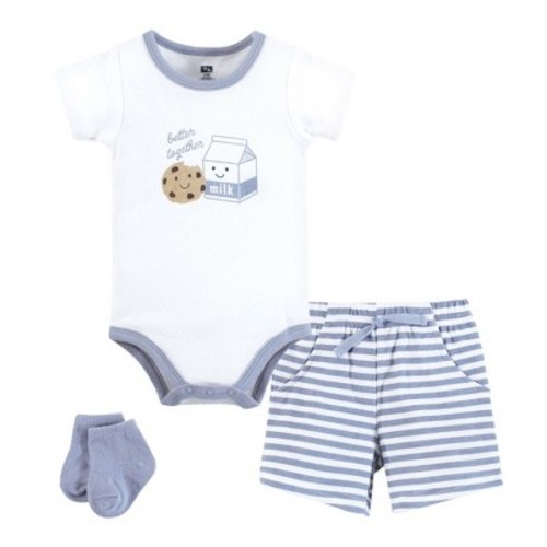 Hudson Baby Infant Boys Bodysuit, Short and Sock, Milk And Cookie Better Together, 6-9 Months