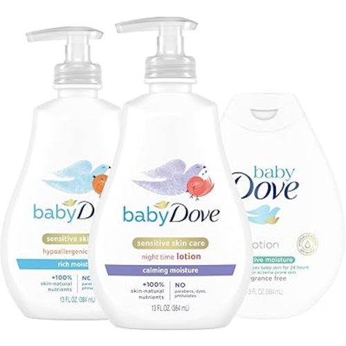 Dove Baby Lotion Sensitive Skin Care Bundle – Ultra-Gentle Face & Body Lotions for Newborns & Infants, 2 Hypoallergenic Scents, 1 Fragrance-Free, 13 Oz Ea