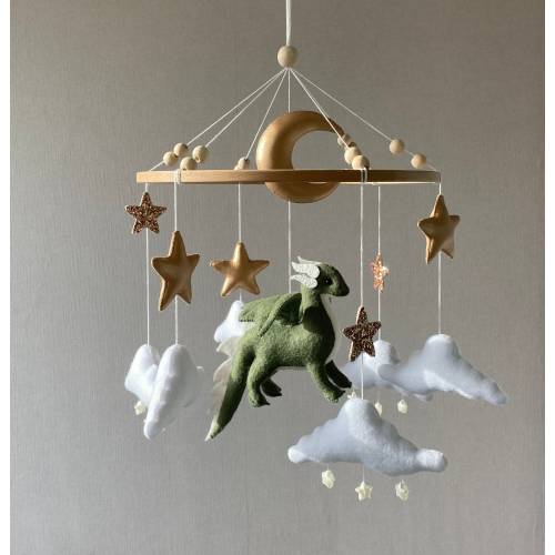 Dragon nursery baby mobile, Felt hanging toy, Baby boy mobile, Golden moon and stars, Baby shower gift, newborn gifts.