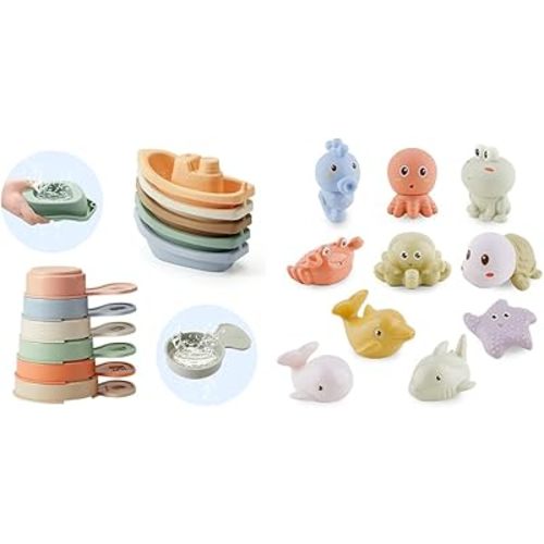 Bath Toys Floating Boats with Bathing Spoon11PC S and 10PCS Bath Squirt Toys Silicone Ocean Animals Bathtub Float Toy