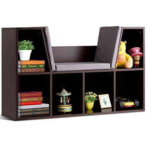 Costzon Kids Bookshelf with Reading Nook, 6 Cubby Bookcase with Soft Seat Cushion, Wooden Toy Storage Organizer, Book Shelf for Playroom, Nursery, Daycare