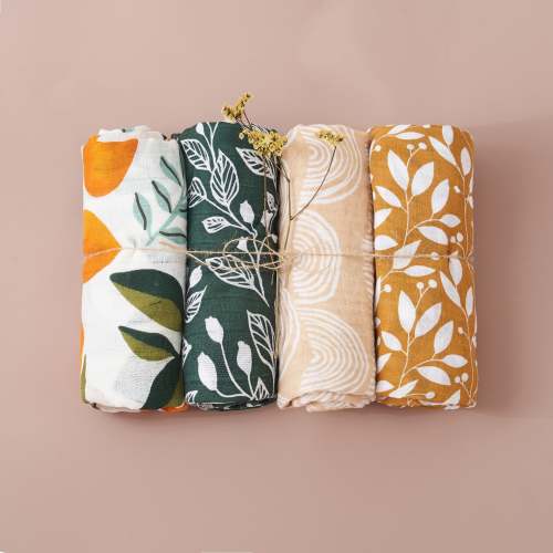 4 Pc Set: Swaddle Blanket Bamboo Muslin Cotton Gift Set Newborn Baby