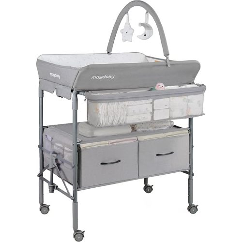 Maydolly Baby Changing Table, Portable Folding Changing Table with Wheels, Waterproof and Adjustable Height, Premium Diaper Changing Station with Two Drawers, Mobile Nursery for Newborn (Grey)