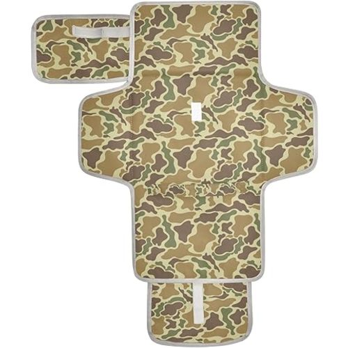 Camouflage Portable Diaper Changing Pad with Wipes Holder, Vintage Camo Green Foldable Baby Diaper Changer Travel Bag Retro Brown Army Baby Changing Mat with Built-in Pillow for Newborn