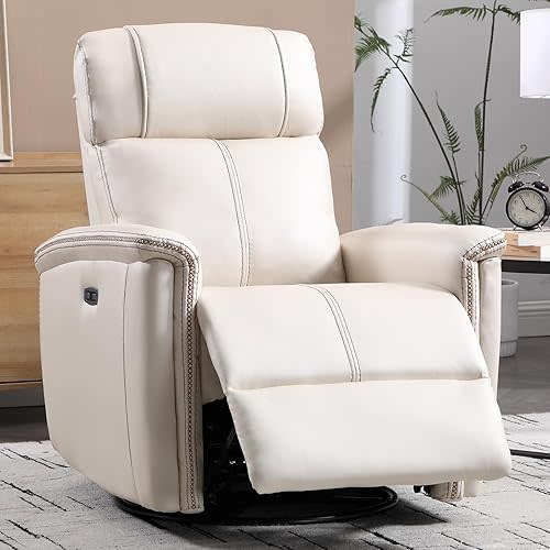 CANMOV Faux Leather Power Swivel Rocker Recliner,Glider Rocker Recliner for Nursery,Electric Swivel Rocker Recliner with USB Port,Upholstered Nursery Glider Reclining Sofa for Living Room,White