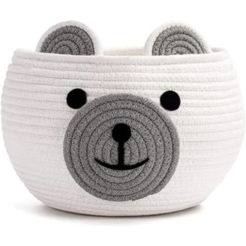 CherryNow Cotton Rope Basket Baby Basket for Nursery, Bear Gift Basket for Kids, Empty Baby Shower Basket with Handles, Small Cute Animal Basket, White, 10.5" D x 8.5" H