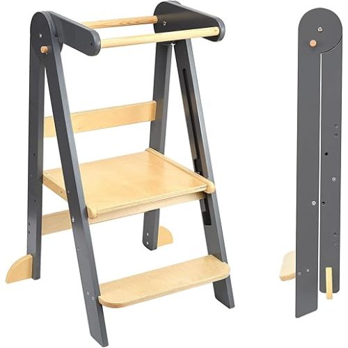 Foldable Toddler Tower Preassembled Kitchen Step Stool, Folding Tower for Learning with 3 Adjustable Heights Montessori Toddler Standing Tower Collapsible Step Stool for Kids 1-6y GY NAT