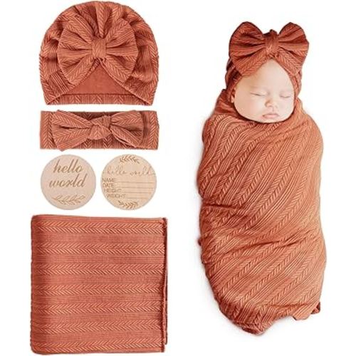 BQUBO Baby Swaddle Blankets for Girls, 4PCS Newborn Accessories Set with Matching Hat and Bow Headband with Hello World Wooden Birth Announcement Card