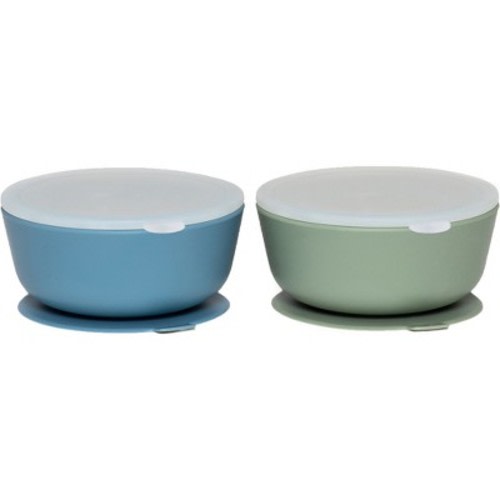 Weesprout Suction Bowls for Baby & Toddlers, 100% Silicone with Plastic Lid, 12 oz - Muted Blue + Muted Green, Set of 2