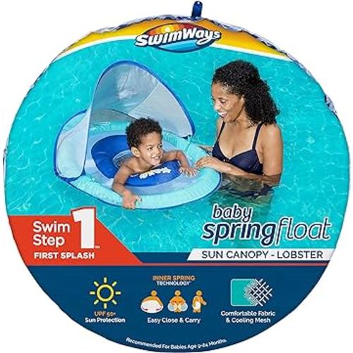 SwimWays Baby Spring Float with Adjustable Canopy and UPF Sun Protection, Blue Lobster