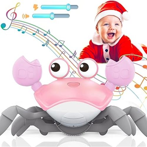 Crawling Crab Baby Toy, Tummy Time Girl Gifts for Babies 3-6 6-12 Month, Light-Up Walking Dancing Moving Crab with Music & Obstacle Avoidance, Rechargeable Musical Toys 1 Year Old Girls Gift (Pink)