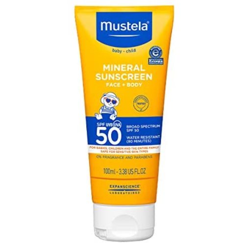 Mustela Baby Mineral Sunscreen Lotion SPF 50 Broad Spectrum - Face & Body Sun Lotion for Sensitive Skin - Non-Nano, Water Resistant & Fragrance Free - Various Sizes