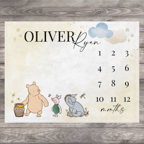 Classic Pooh Bear Baby Milestone Blanket Boy, First Year Calendar Monthly Growth Mat, Personalized Bear Name Month Blanket, Baby Shower Gift
