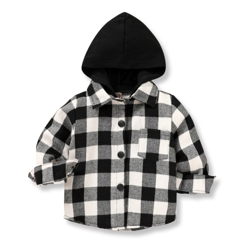 Younger Tree Toddler Boy Flannel Shirt Baby Long Sleeve Hooded Plaid Button Shirt for 3-6 Months