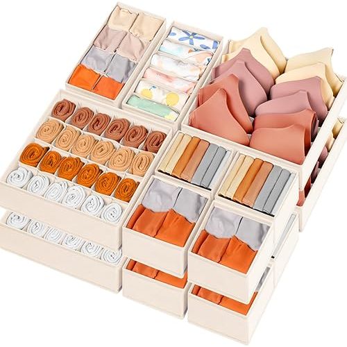 Criusia Drawer Organizer Clothes with Dividers, 16 Pack Dresser Organizer Bins for Nursery Bedroom, Closet Organization and Storage Dividers for Clothing, Baby Clothes, Underwears, Socks (Beige)