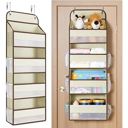 Yecaye Over The Door Organizer, Heavy Duty Hanging Organizers and Storage with 4 Large Capacity Pockets, Swing-Proof Behind The Door Storage for Bathroom Nursery Bedroom Dorm Closet, Beige