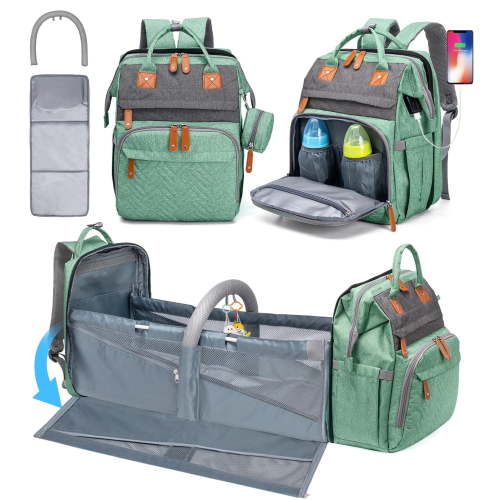 Free Shipping! KABAQOO Baby Diaper Backpack with Changing Station USB Port Green, Waterproof, Large Capacity