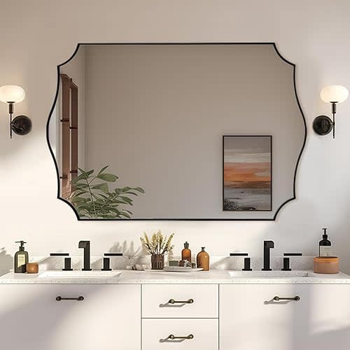 ANDY STAR Black Vanity Mirror, Irregular Wall Mirror, 24x36 Mirror for Bathroom, Matte Black Asymmetrical Mirror, Scalloped Mirror in Stainless Steel Metal Frame, Wall Mount Vertical or Horizontal