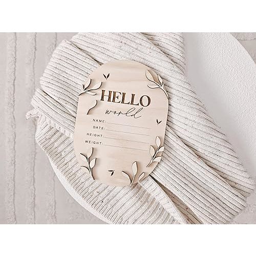 Hello World Birth Announcement Sign for Newborn, Birth Stats Sign, Hello World Baby Name Wooden Sign, Wooden Birth Announcement Plaque "Hello World" Matte White Acrylic (09)