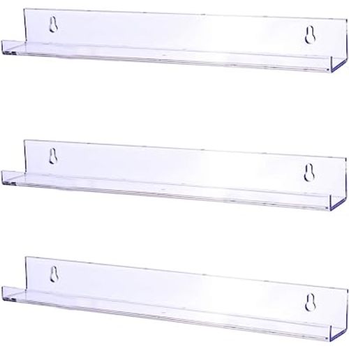 Sooyee 3 Pack 15 Inch Acrylic Invisible Kids Floating Book Shelves for Kids Room,Modern Picture Ledge Display Shelf Toy Storage Wall Shelves,Clear