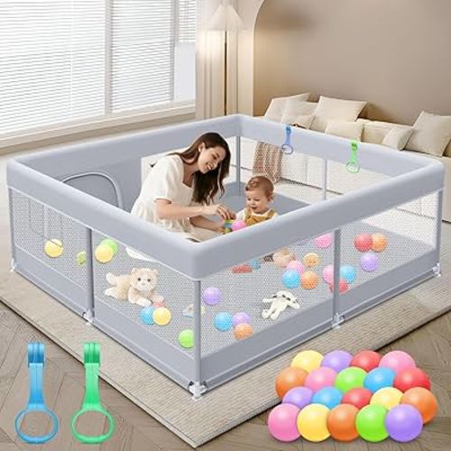 Baby Playpen 50 x 50 Inch Play Pen Playards, Playpen for Babies and Toddlers, Baby Playard for Indoor & Outdoor Active Center Game Fence, with Skin-Friendly Fabric and Soft Breathable Mesh Grey