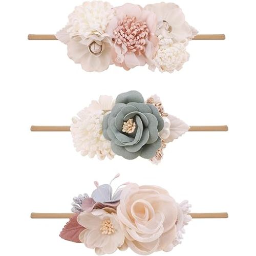 cherrboll 3pcs Baby Girl Flower Headbands, Super Soft & Stretchy Nylon Floral Hairbands for Newborn Toddler