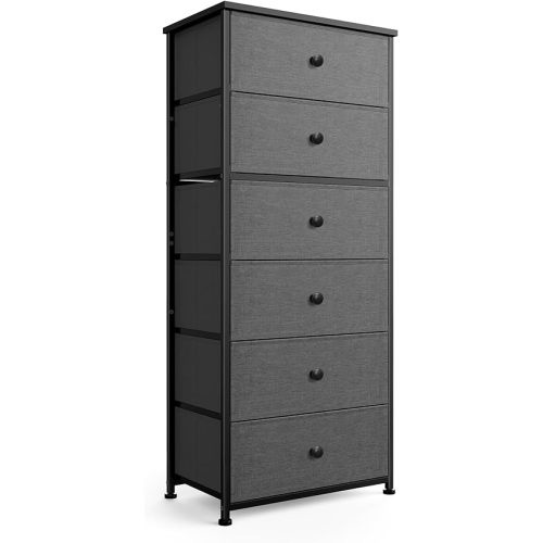 Tall Fabric Dresser for Bedroom, Wide Vertical Storage Organizer Tower with 6 Drawers, Chest of Drawers with Bins, Steel Frame, Wood Top for Bedroom, Closet, Entryway Black