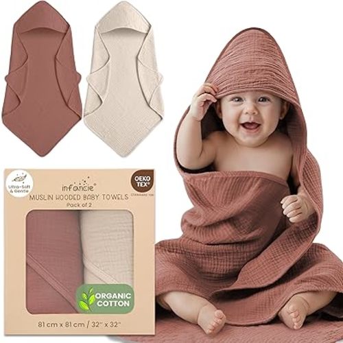 Organic Cotton Muslin Baby Hooded Towels - 32x32 Inch, 2 Pack Newborn Bath Towels for Boys & Girls, Soft & Absorbent Bath Set (Rust/Ivory)