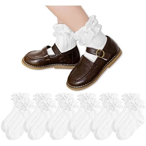 Girls Ruffle Socks - White, 6 Pairs
