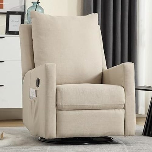 INZOY Glider Recliner Nursery Chair Swivel Rocker Recliner, Nursing Chairs Swivel Glider Recliners with Soft Padded Backrest, Fabric Manual Reclining Chair for Living Room Bedroom Apartment, Beige
