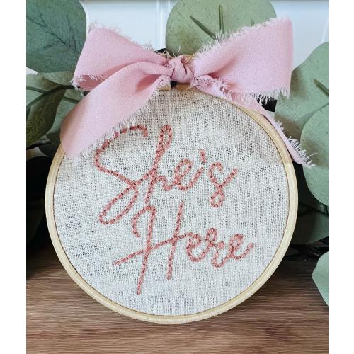 She’s Here/He’s Here Embroidered Hoop Baby Announcement