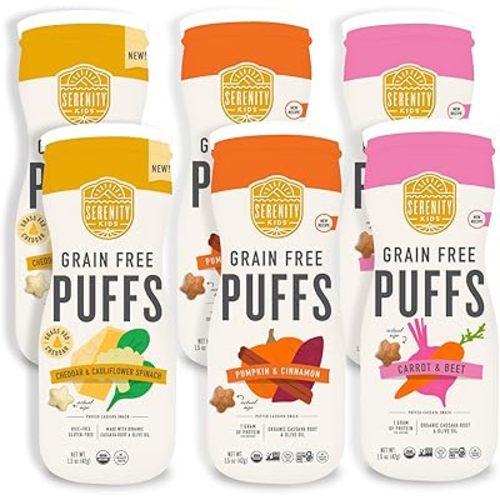 Serenity Kids 6+ Months Grain-Free Toddler & Baby Puffs - No Added Sugar - No Gluten or Rice - BPA & Allergen-Free, with Organic Cassava, Veggies & Herbs - Puffs Variety Pack - 6 Count