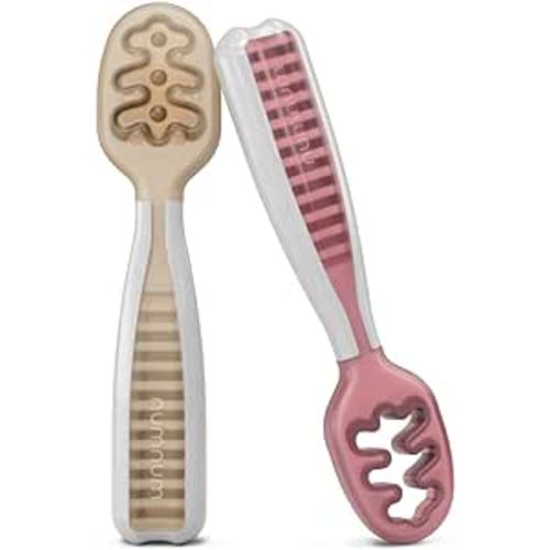 Amazon.com: NumNum Baby Spoons Set, Pre-Spoon GOOtensils for Kids Aged 6+ Months - First Stage, Led Weaning (BLW) Teething - Self Feeding, Silicone Toddler Food Utensils - 2 Spoons, Beige/Mauve : Baby