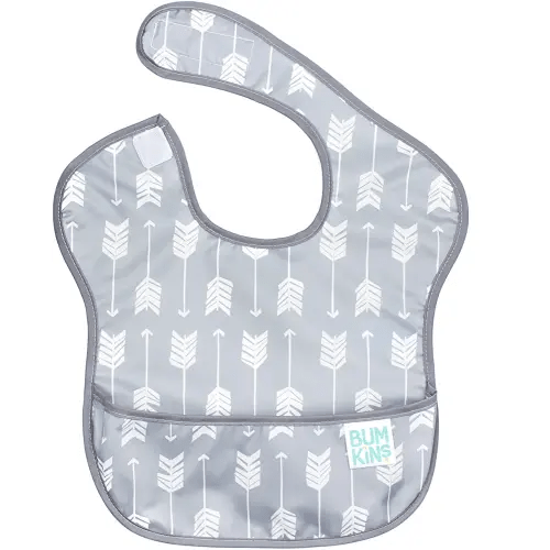 Bumkins Bibs for Girl or Boy, SuperBib Baby and Toddler for 6-24 Mos, Essential Must Have for Eating, Feeding, Baby Led Weaning Supplies, Mess Saving Catch Food, Waterproof Soft Fabric, Gray Arrows