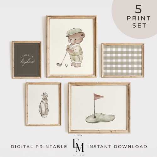 Vintage Golf Teddy Bear Wall Art Set of 5 Watercolor Illustrations Golf Nostalgic Wall Decor Vintage Sport Nursery Decor Golf Boy Room Print