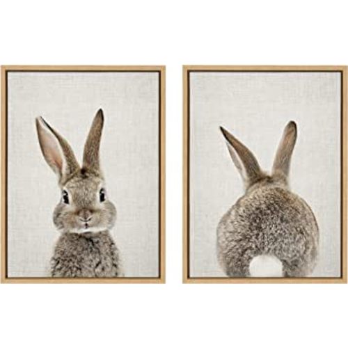 Kate and Laurel Sylvie Bunny Portrait and Bunny Tail Framed Canvas Wall Art by Amy Peterson, 18x24 Natural, Cute Baby Animal Art Decor