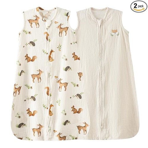 Muslin Cotton Baby Sleep Sack 6-12 Months, 2 Pack 100% Cotton Sleeping Bag for Summer, TOG 0.5 Baby Wearable Blankets with 2-Way Zipper, Soft Sleep Sacks for Newborn Infant, Animal