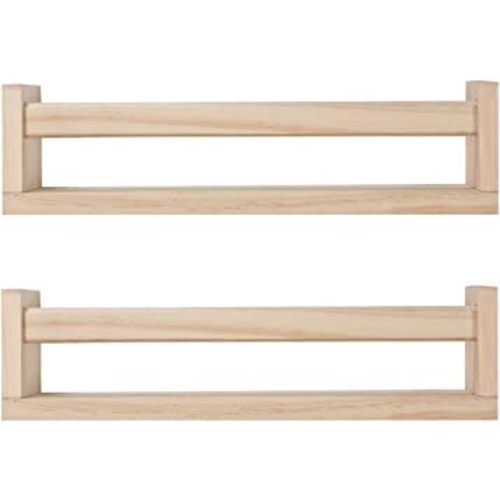 Nursery Floating Book Shelves for Kids Room, Kitchen Spice Rack, or Rustic Wall Mounted Shelves for Farmhouse Bathroom Decor (Natural Wood),Set of 2