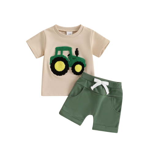 Toddler Baby Boys Summer Outfits Sets 3 6 12 18 24 Months 2T 3T Truck Embroidered Round Neck Short Sleeve T-Shirts Elastic Waist Shorts 2Pcs Clothes Set