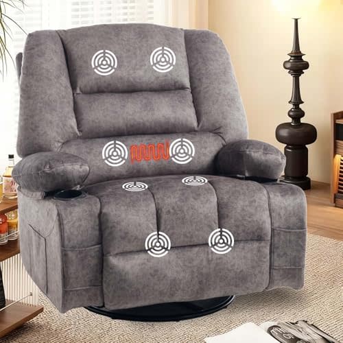 KCQ Oversized Swivel Rocker Recliner Chair with Massage Heat Cup Holders, Overstuffed Fabric Heated Massaging Swivel Glider Chair Rocking Recliner Chair, Grey
