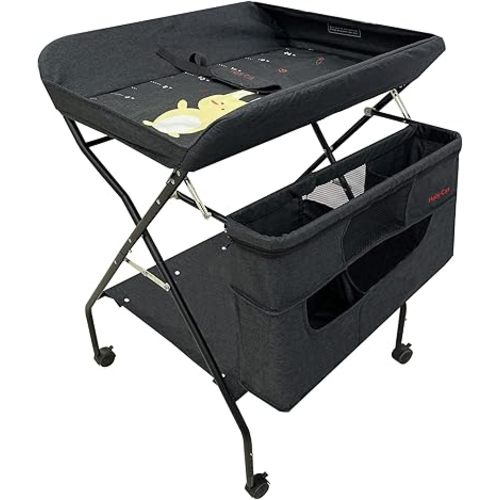 Baby Protable Changing Table with Wheels, Adjustable Height Folding Infant Diaper Station Mobile Nursery Stand with Newborn Lightweight Large Storage Rack - Black