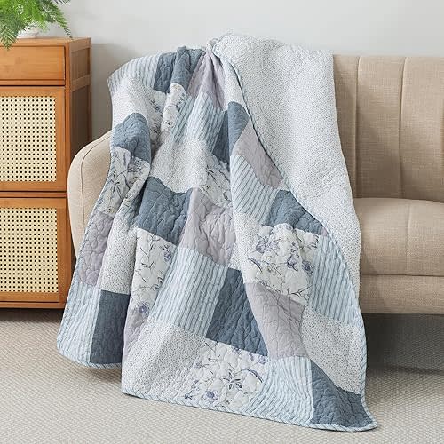SLPR Cotton Quilted Throw Blanket, 50" x 60" Floral Farmhouse Patchwork Quilt, Shabby Chic Patchwork Throw Lap Quilt for Couch, Coastal Dream