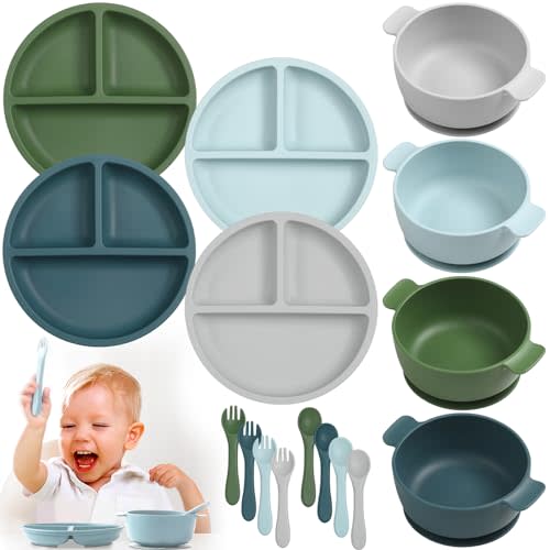 Domensi 12 Pcs Silicone Baby Feeding Set, 4 Pcs Silicone Divided Suction Plate and 4 Pcs Baby Bowls with Suction with 4 Sets Spoons Forks for Baby Led Weaning Supplies Self Feeding (Novel Colors)