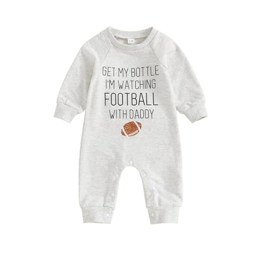 Newborn Baby Boy Football Outfit Get My Bottole I'm Watching Football with Daddy Romper Long Sleeve Fall Jumpsuit