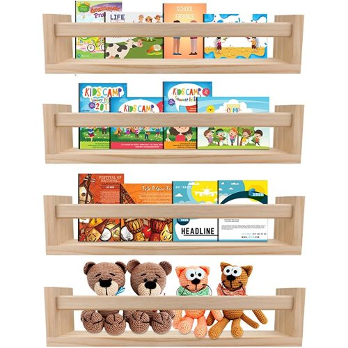 birola Nursery Book Shelves Set of 4,Wood Floating Nursery Shelves for Wall,Wall Bookshelves for Kids,Bathroom Decor, Kitchen Spice Rack (Set of 4)